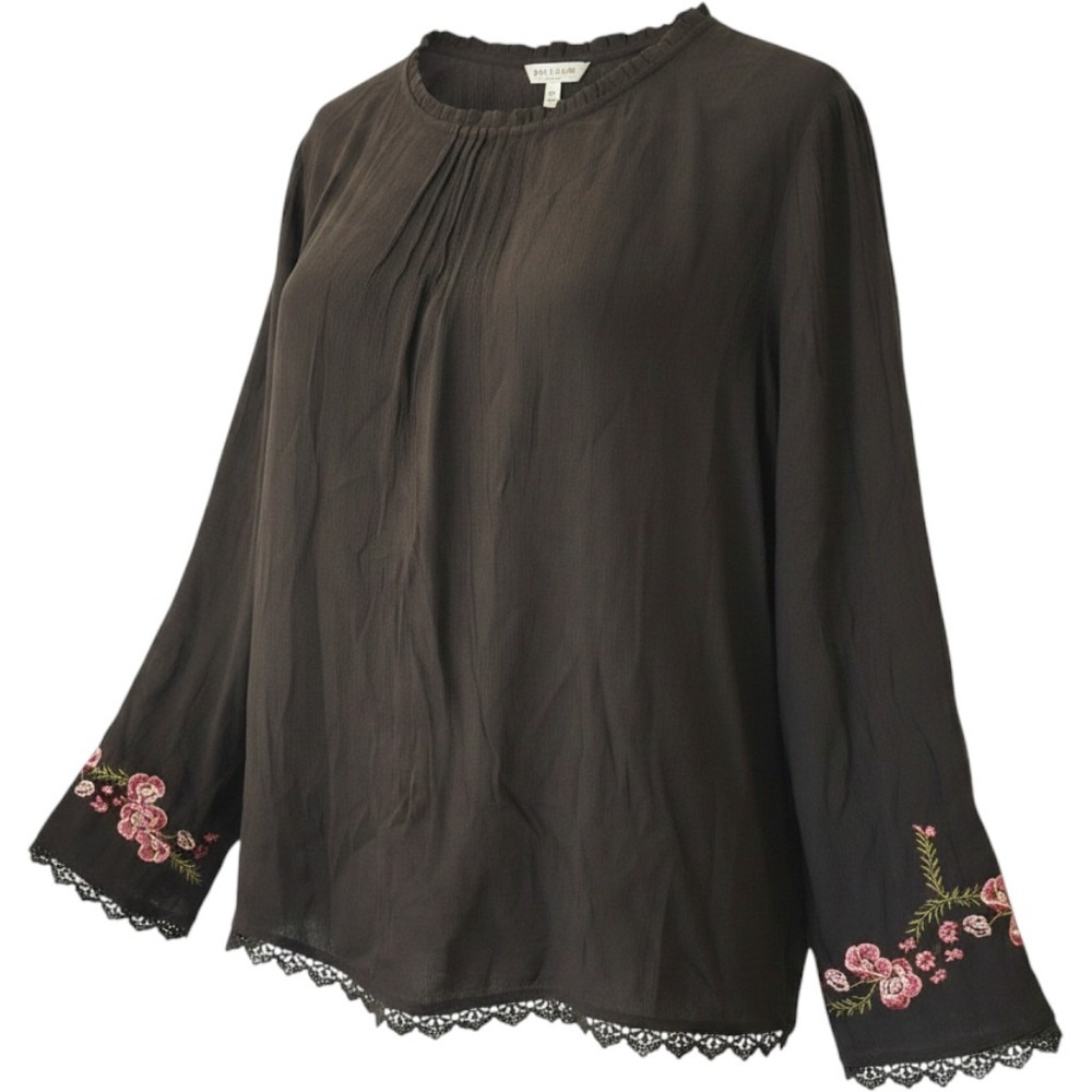 Time and Tru Womens XL Black Embroidered Floral Lace Trim Long Sleeve Blouse Top